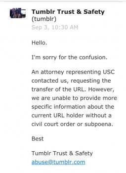 Email sent from Tumblr Trust and Safety to USC Roski students.